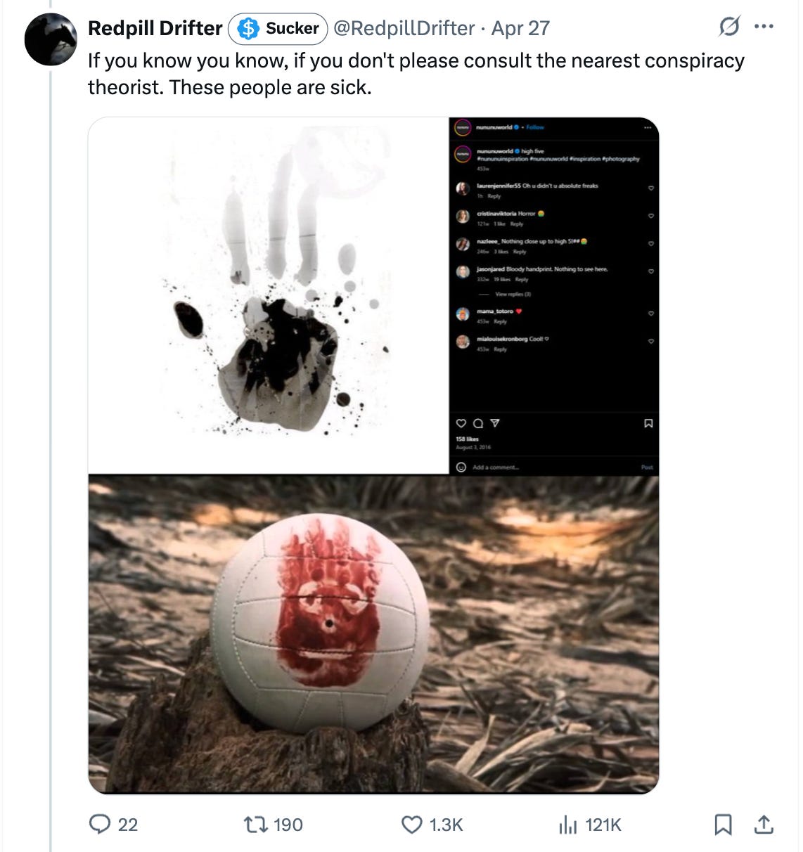 If you know you know, if you don't please consult the nearest conspiracy theorist. These people are sick. First image is a black handprint on a white background, second is Wilson, Tom Hanks' volleyball friend from Castaway If you know you know, if you don't please consult the nearest conspiracy theorist. These people are sick. First image is a black handprint on a white background, second is Wilson, Tom Hanks' volleyball friend from Castaway