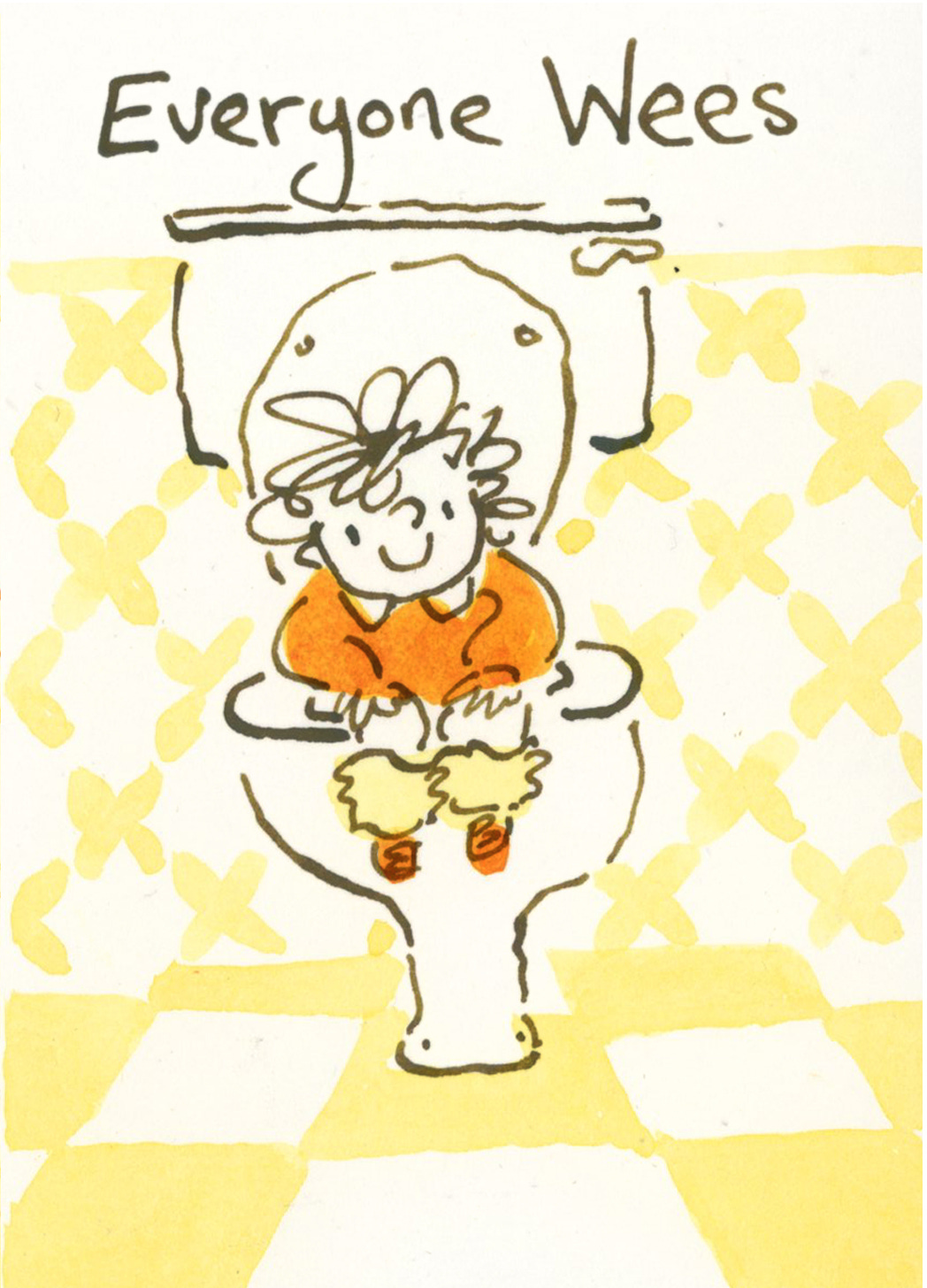 Everyone Wees the first page of a zine showing a kid sitting on a toilet with their feet dangling. Tiles in yellow and white in the background