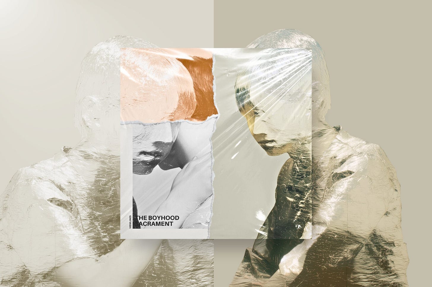 A digital collage featuring a shrink-wrapped square album cover centered against a split neutral-beige background with translucent, foil-textured figures. The central cover uses a torn-paper design: the left side captures a monochrome, intimate embrace between two boys beneath a terracotta block, while the right side shows a gold-toned boy with head bowed under crinkled plastic glare. Text in the lower-left reads "THE BOYHOOD SACRAMENT." Part of the Viewlines series at The Subtext Review.