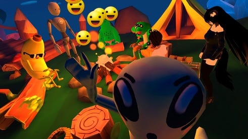 VRChat screen capture in a campfire world with 100Avatars such as Cool Banana, Cool Alien, Cactus Boy and Froggy