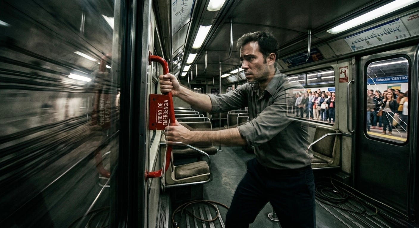 Jaime dentro del metro sólo y medio translúcido intenta parar el tren con el freno de mano en una estación repleta de gente
