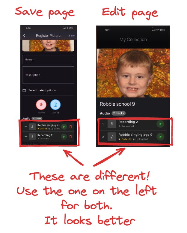 Side-by-side comparison of two mobile app screens labeled ‘Save page’ (left) and ‘Edit page’ (right). Both show a child’s photo at the top and an audio list at the bottom highlighted in red. Handwritten notes point out that the audio list designs are different, with arrows indicating the left design should be used for both because it looks better.