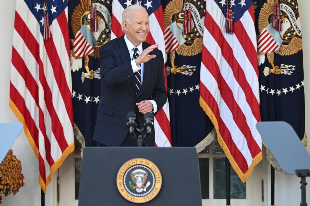 President Biden appeared cheerful in his first public remarks on Vice President Kamala Harris' loss.
