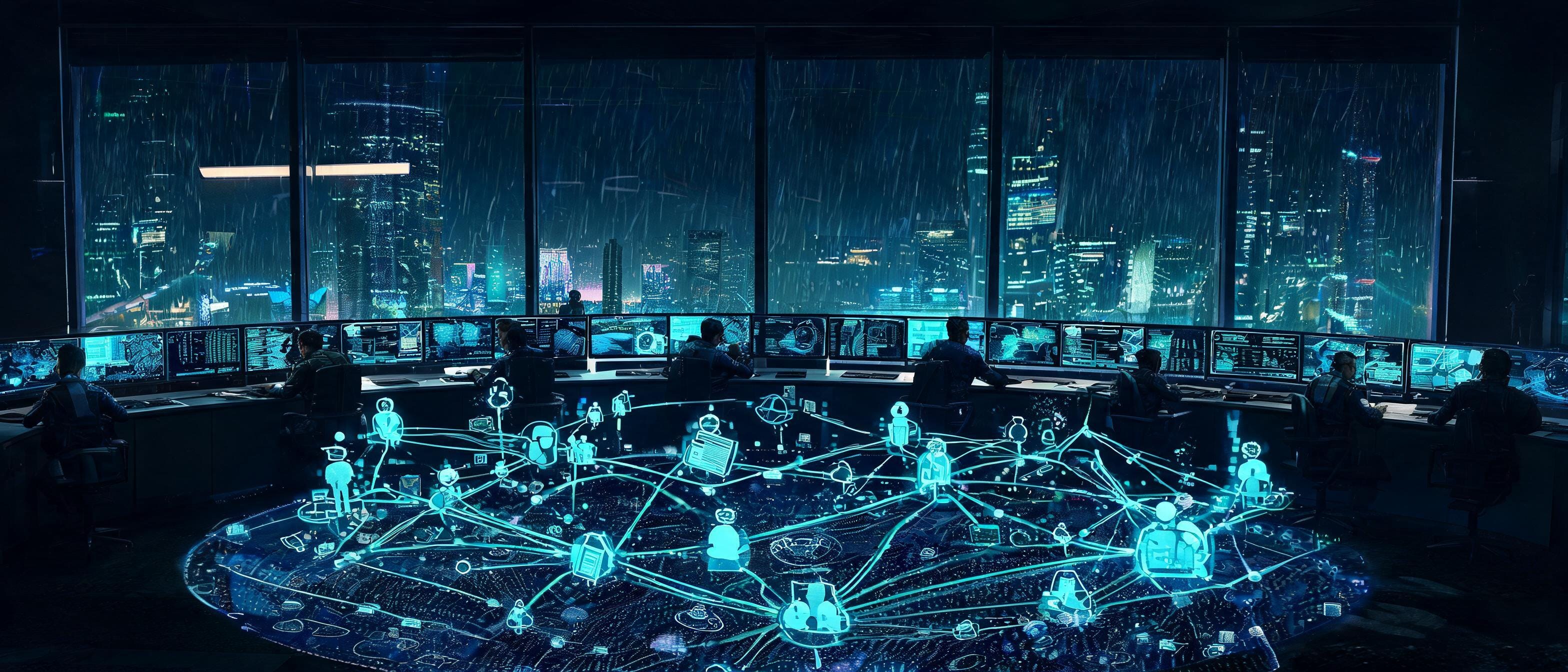 Futuristic government AI intelligence operations center at night