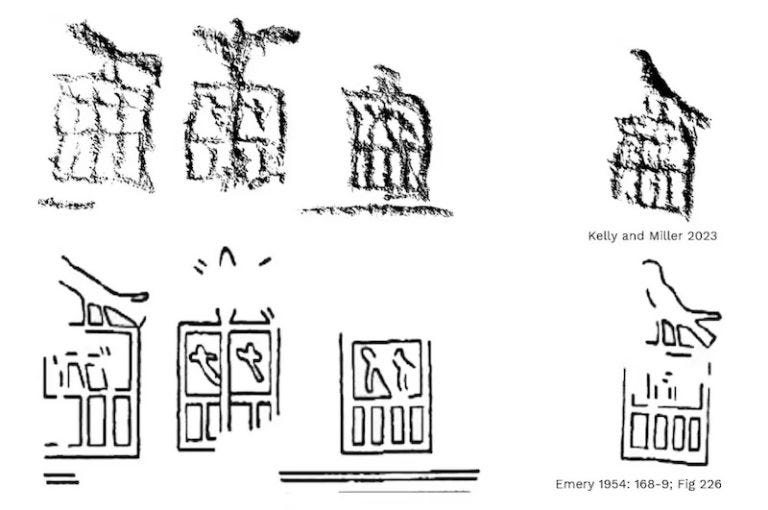 Kelly and Miller's 2023 digital tracing of the Saqqara serekhs (top) compared with Emery's 1954 drawing (bottom). Kelly and Miller's 2023 digital tracing of the Saqqara serekhs (top) compared with Emery's 1954 drawing (bottom).