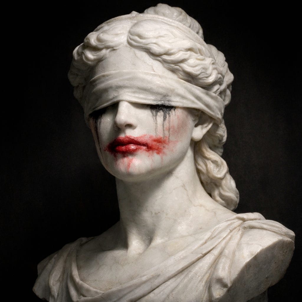 A white marble bust of blindfolded Lady Justice stands against a dark background, her classical features defaced with smeared red lipstick and black mascara streaks, turning an austere civic symbol into an image of moral corruption and tawdry compromise.