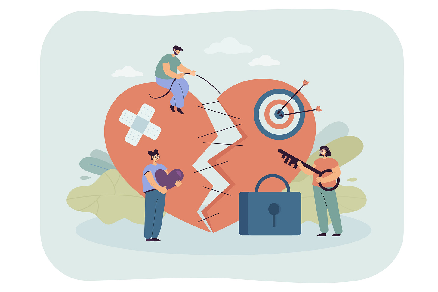 Illustration of tiny people mending a broken heart