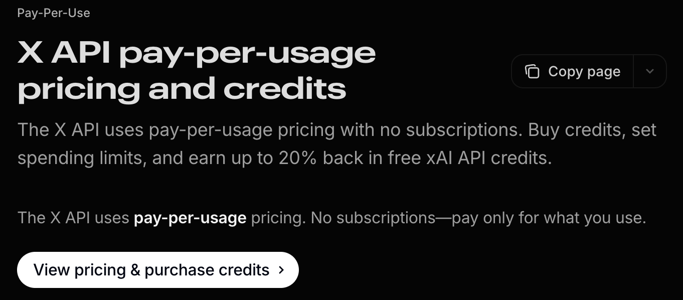 X API pricing page showing pay-per-use credits for API reads and developer access X API pricing page showing pay-per-use credits for API reads and developer access