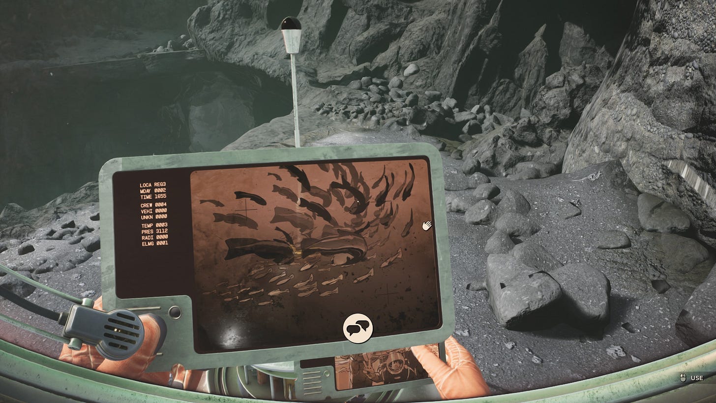 Screenshot of The Invincible, showing a diegetic device where the protagonist and player look at an electronic photographic device showing a school of fish in synchronized swimming.