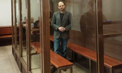 Vladimir Kara-Murza inside a defendants' cage during his sentencing in Moscow. Vladimir Kara-Murza inside a defendants' cage during his sentencing in Moscow.