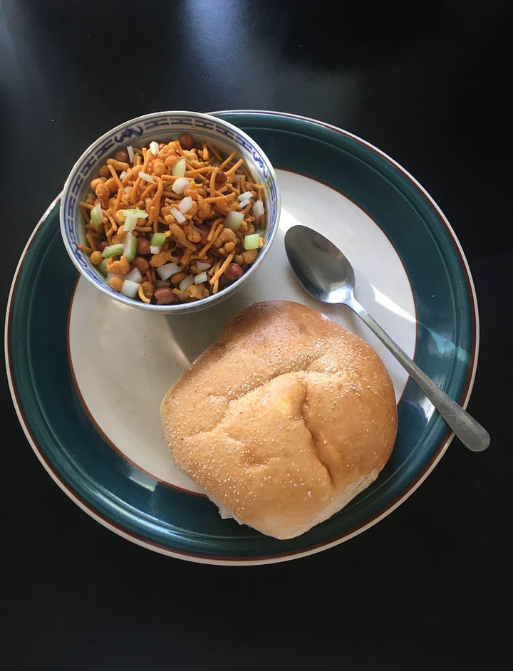Image of three Indian foods - batata and sabudana wadas, and missal pao.
