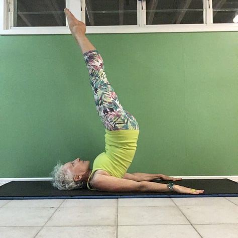 nine photos with a white haired woman in exercise clothing doing each of the Pilates exercises listed in the email