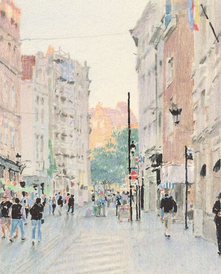 A collage of seven soft, dreamlike paintings by Lee Kyutae depicting quiet streets, blue skies, a reflective pond, a long bookshop, a circular street mirror, a riverside path, and a busy city scene, all rendered in pale greens, blues, and whites.