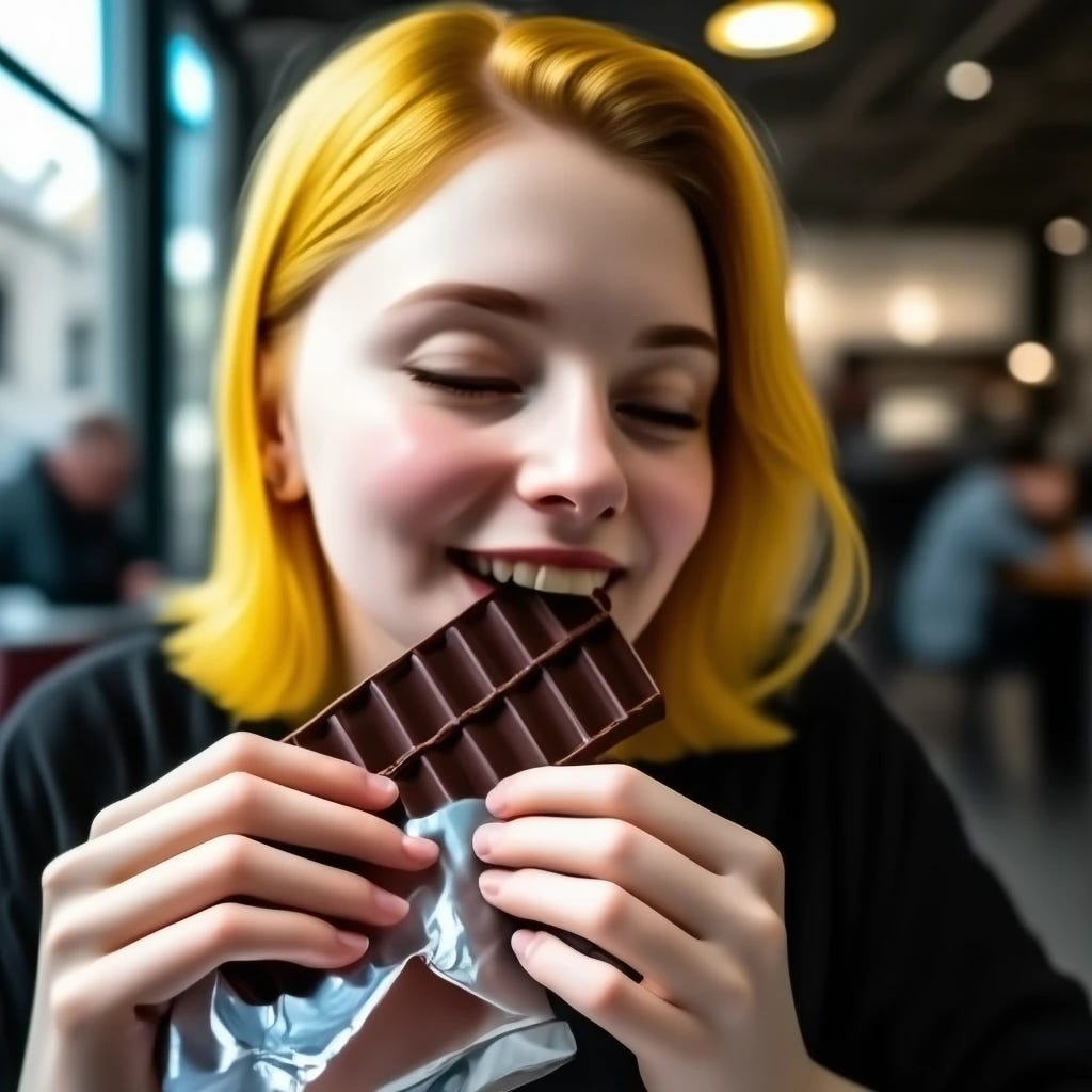 Blonde white woman in her 20s eating a chocolate candy bar