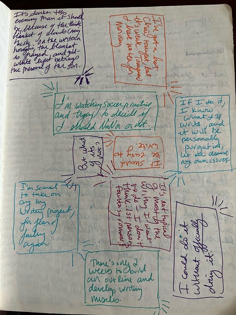 Journal pages written in multiple colors with doodles and designs