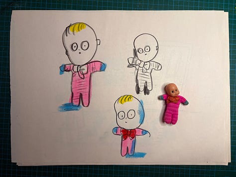 drawings of a funny spooky ghost baby floating around a room