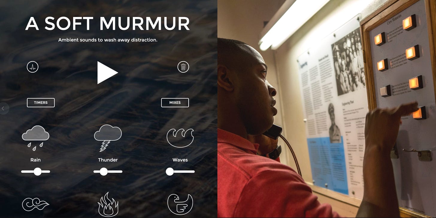 A screenshot of an ambient sound generator, and a photo of a man using an interactive museum display