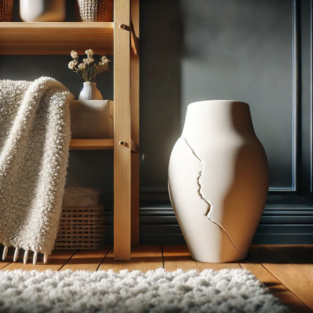 A gypsum vase with a visible crack on it.