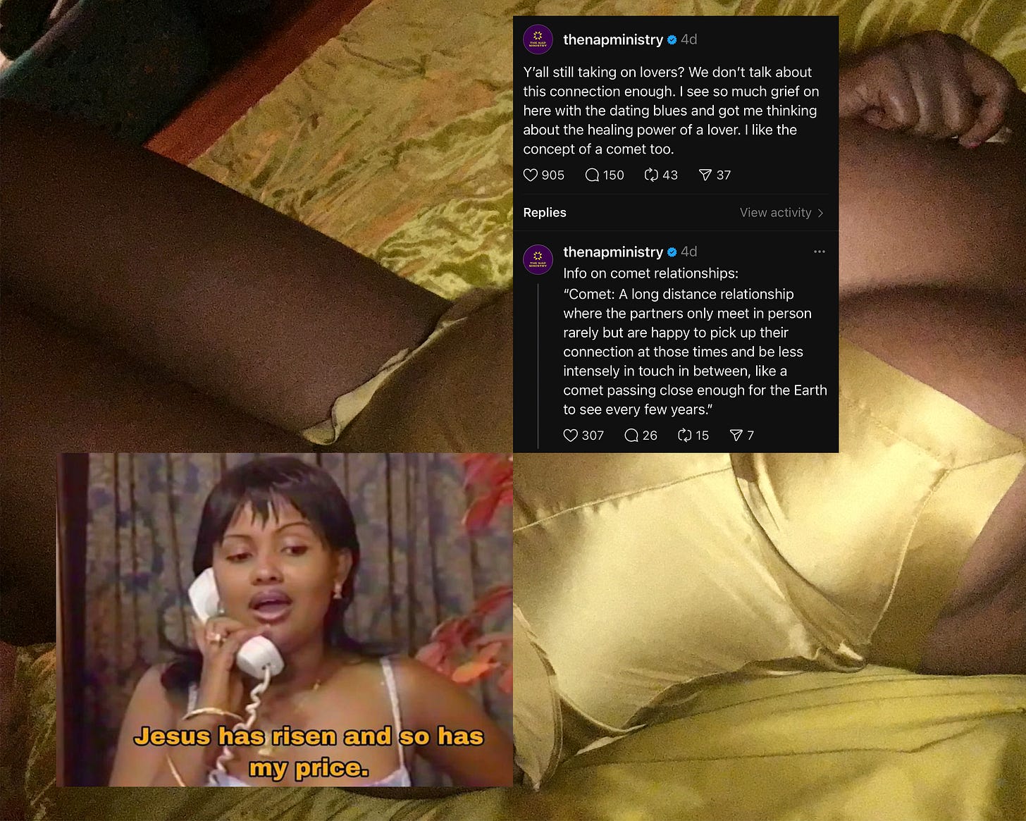 a old sexy photo layered over with a screenshot from @thenapministry about bringing back the concept of lovers, and a screenshot from a show, a woman on the phone, and yellow subtitles that read "jesus has risen and so has my price."