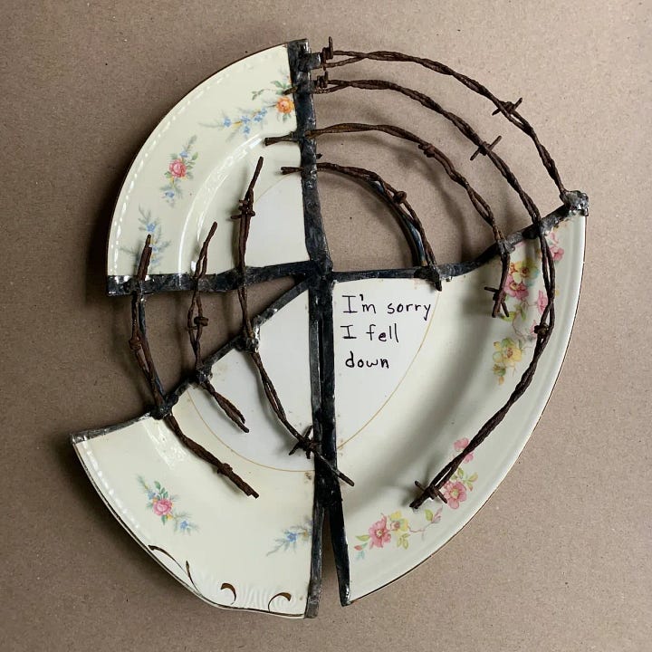 "Fell Down" Vintage Plate from Glen Martin Taylor | Duality Collection from Natalia Criado | Chain Fork from Katerina Kamprani | The Uncomfortable Wine Glass from Katerina Kamprani