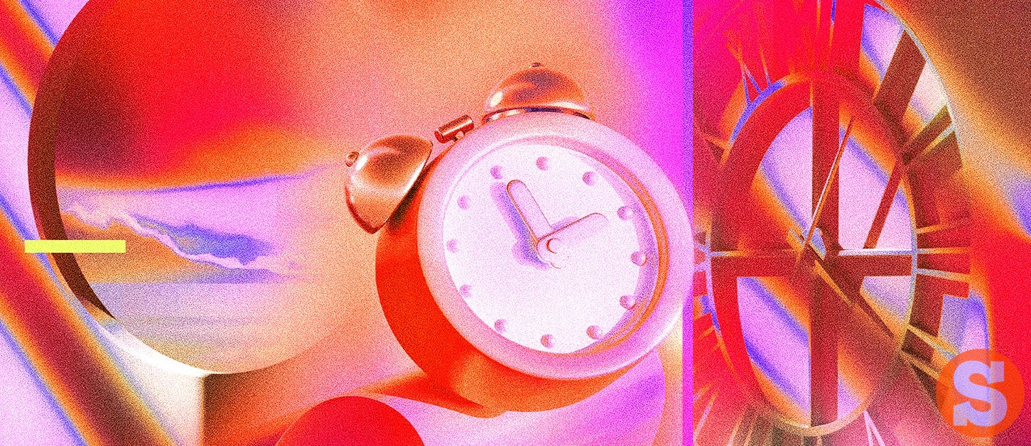 A stylised, vibrant image of a classic twin-bell alarm clock rendered in warm pink, orange, and magenta tones with abstract geometric shapes and light refractions in the background, giving it a surreal, retro-futuristic aesthetic. A stylised, vibrant image of a classic twin-bell alarm clock rendered in warm pink, orange, and magenta tones with abstract geometric shapes and light refractions in the background, giving it a surreal, retro-futuristic aesthetic.