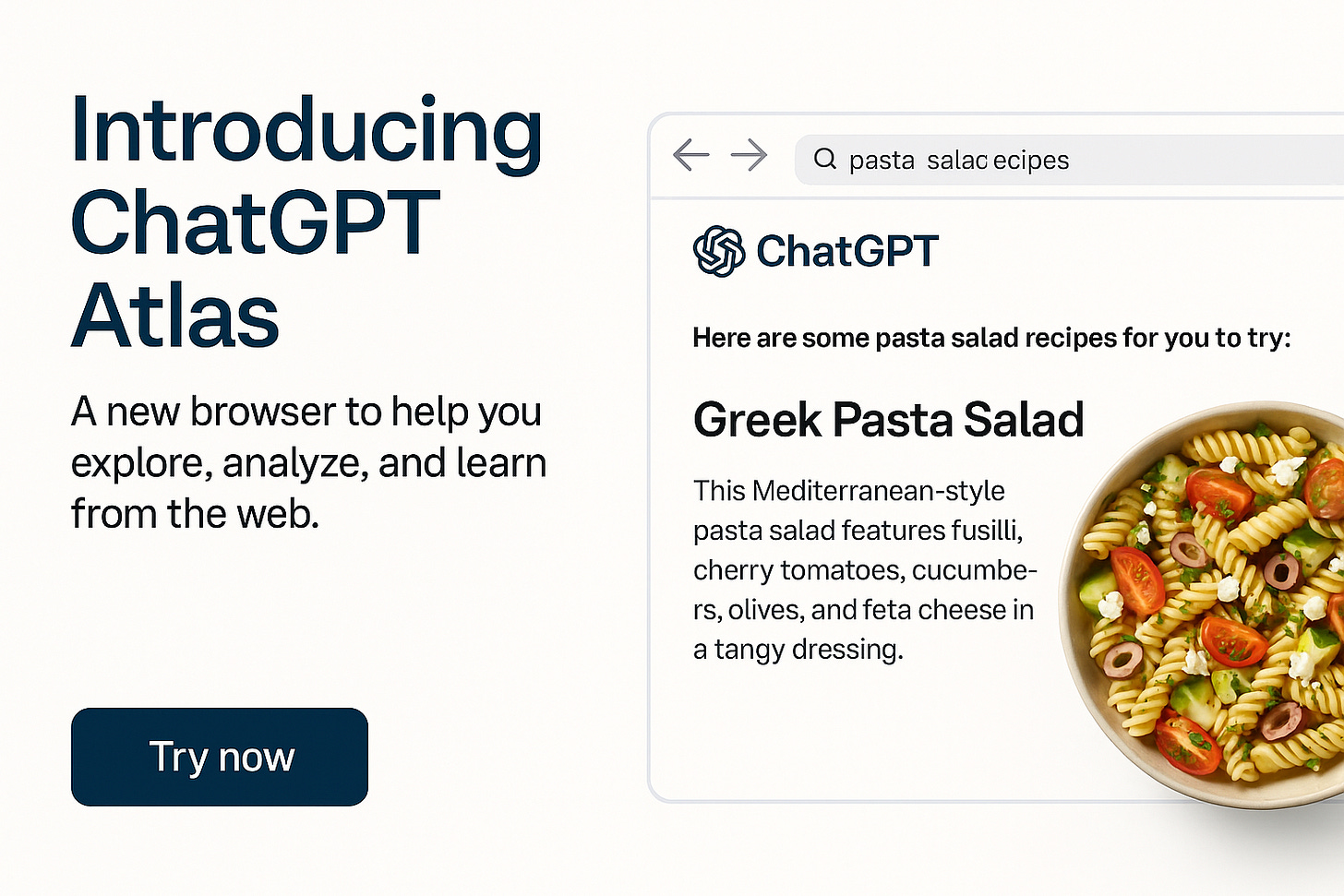 Digital illustration showing a clean modern browser window labeled “Introducing ChatGPT Atlas,” featuring a pasta salad recipe displayed on screen. The design uses warm blue and cream tones with a bowl of Greek pasta salad beside the text, representing how the new Atlas browser could surface structured recipe content for food creators. Digital illustration showing a clean modern browser window labeled “Introducing ChatGPT Atlas,” featuring a pasta salad recipe displayed on screen. The design uses warm blue and cream tones with a bowl of Greek pasta salad beside the text, representing how the new Atlas browser could surface structured recipe content for food creators.