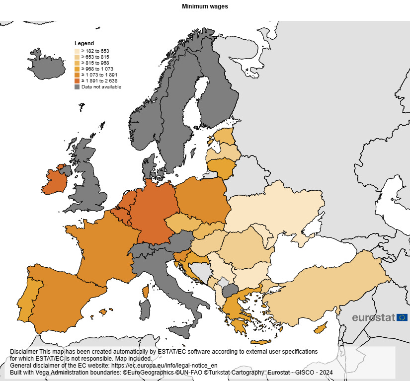 Chart 1: Comparison of Minimum Wages in European Union 2025 S1 (source: Eurostat).