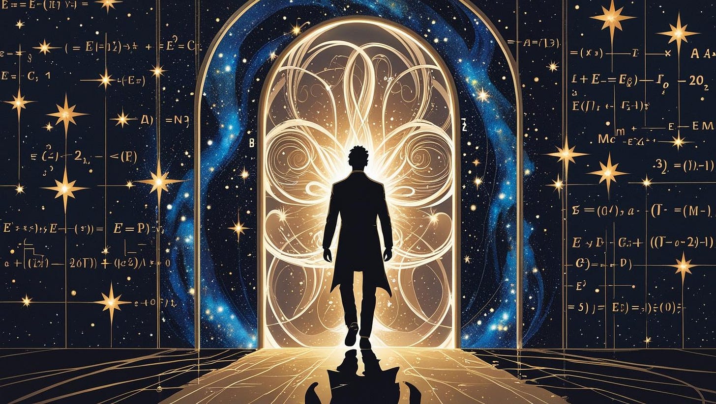 Silhouette walking through a doorway made of stars and equations, step from normal spacetime into the cosmic elsewhere, Einstein’s equation E=mc² transforming into consciousness symbols