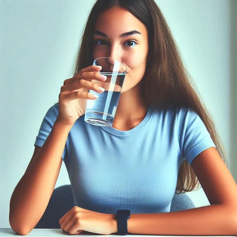 A female person with long brown hair and a blue shirt is seated at a table, holding a glass of water to their lips and taking a sip.