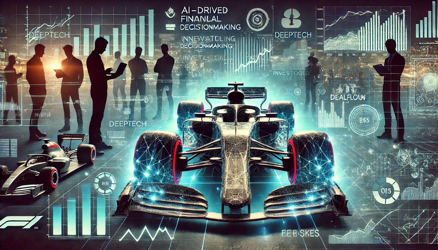 A futuristic Formula 1 car surrounded by holographic financial data, investment charts, and technological blueprints. The image highlights key innovations such as AI-driven decision-making, advanced materials, and energy recovery systems. In the background, silhouettes of investors analyzing startup dealflow on digital screens, representing the intersection of deeptech and venture capital. The atmosphere conveys speed, innovation, and high-stakes investment opportunities.