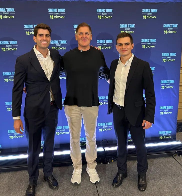 Guillermo Flor, Ruben Dominguez Ibar, and Mark Cuban at the Clover x Shark Tank Summit in Las Vegas, after their conversation about startups, investing, and the future of AI.