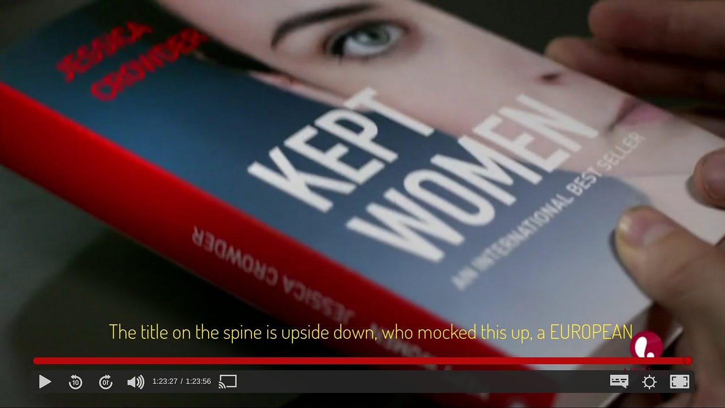 Jess's book, captioned "The title on the spine is upside down, who mocked this up, a EUROPEAN"