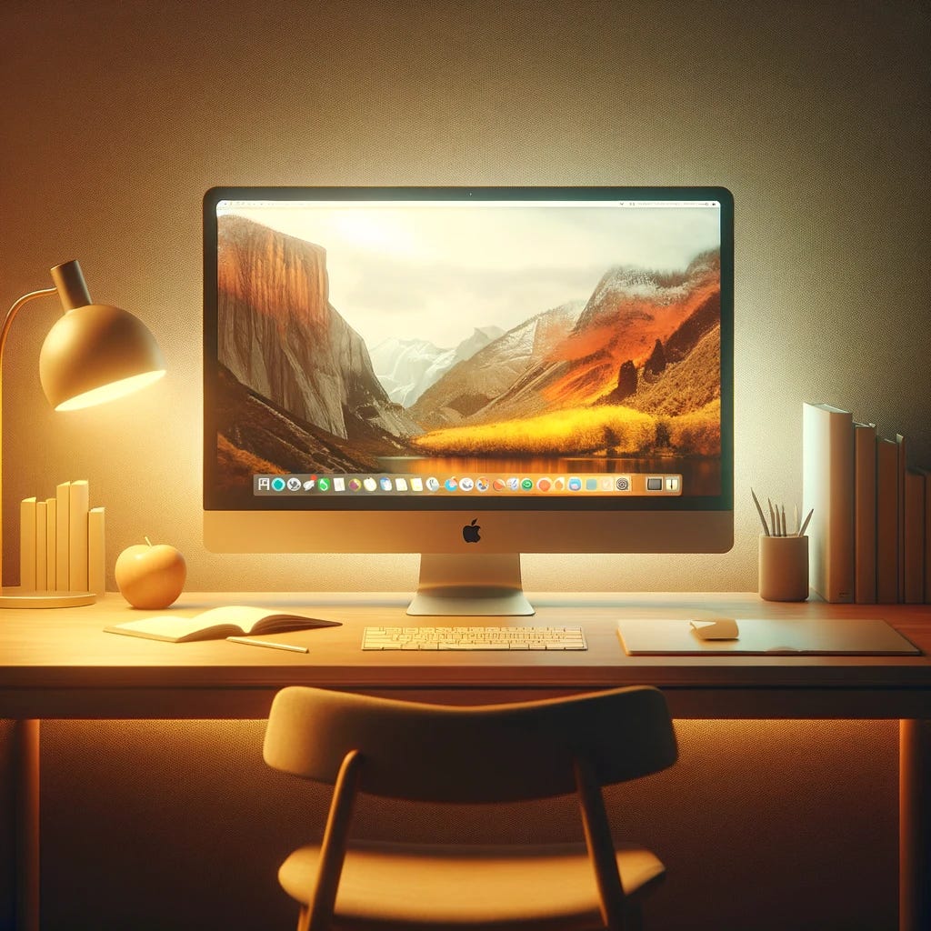 Revise the image to feature a warm and inviting writer's desk with a 32" monitor on the minimalist table. The desk should still be illuminated by a soft yellow lamp glow, creating a cozy and productive workspace. The MacBook should be connected to the large monitor, and a few books should be placed neatly on the table. The overall atmosphere should remain gentle and warm, emphasizing comfort and creativity.