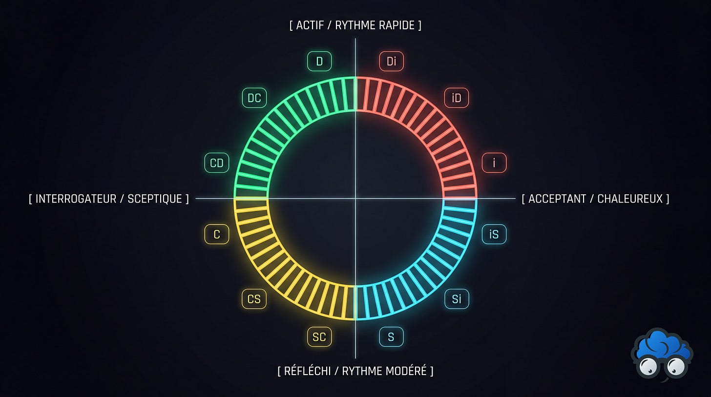 Interface holographique du modèle Everything DiSC sous forme de cadran circulaire à 12 styles divisé en 4 quadrants de couleurs (Vert, Rouge, Bleu, Jaune) croisés par les axes comportementaux Actif, Réfléchi, Sceptique et Acceptant sur fond sombre.
