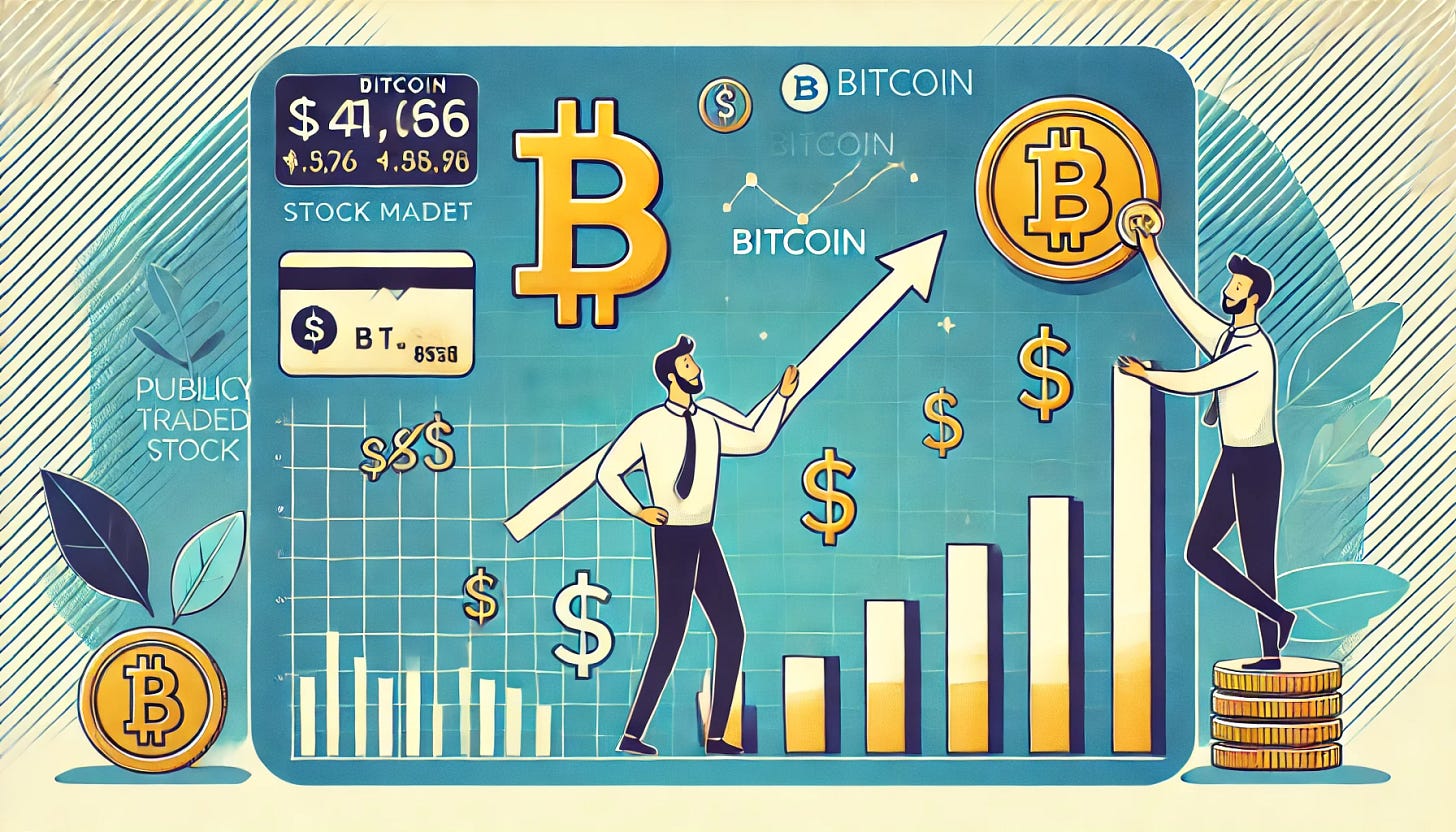 A rectangular illustration, 800 pixels wide, depicting the concept of buying a publicly traded stock that can benefit from bitcoin recovering from its recent decline. Show a stock market chart with an upward trend, a bitcoin symbol rising, and a person confidently purchasing stock. Include elements representing financial growth, such as upward arrows and dollar signs, without any words or text.
