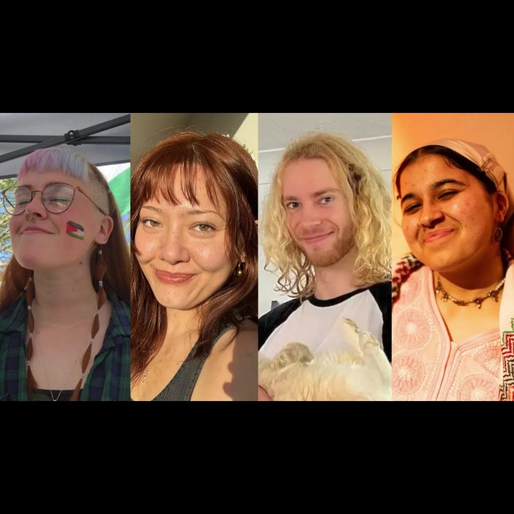 Composite portrait of the four Filton 4 activists, one with a Palestine flag painted on their cheek, sentenced over the Elbit factory raid. Composite portrait of the four Filton 4 activists, one with a Palestine flag painted on their cheek, sentenced over the Elbit factory raid.