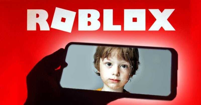 roblox logo and boy with facial recognition on him