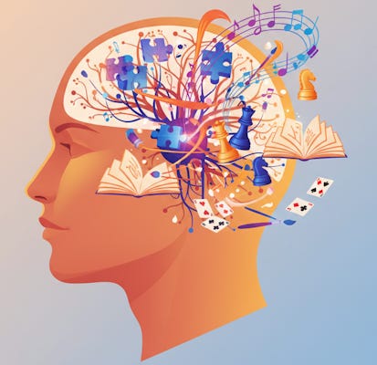 An illustration of a brain with a lot going on inside.