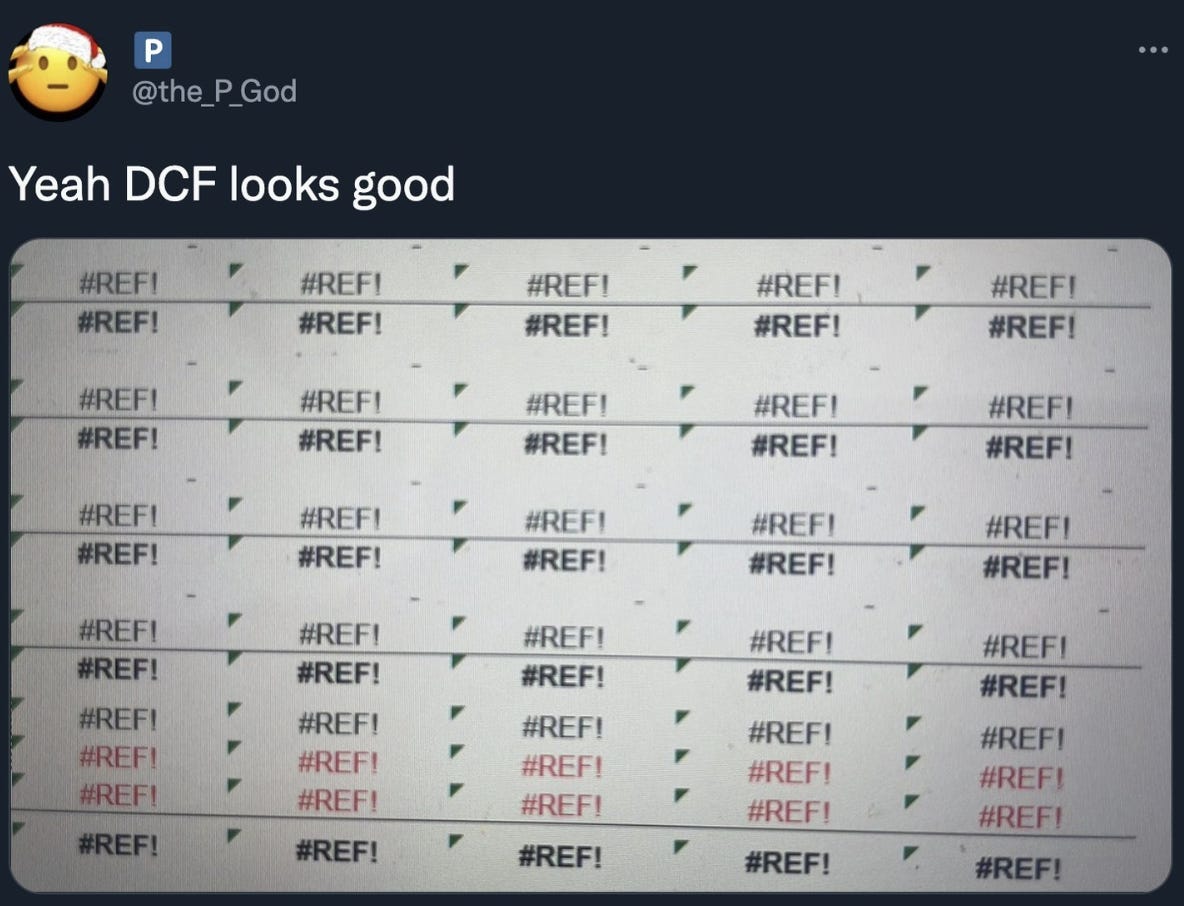 Spreadsheet filled with #REF errors, joking about broken DCF models.