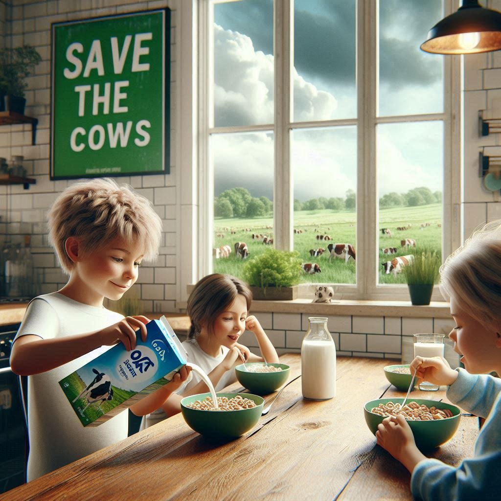 photorealistic, children pouring cartons of oat milk onto bowls of cereal, sitting at a kitchen table, the sky outside looks green, signs on the wall say "Save the Cows"