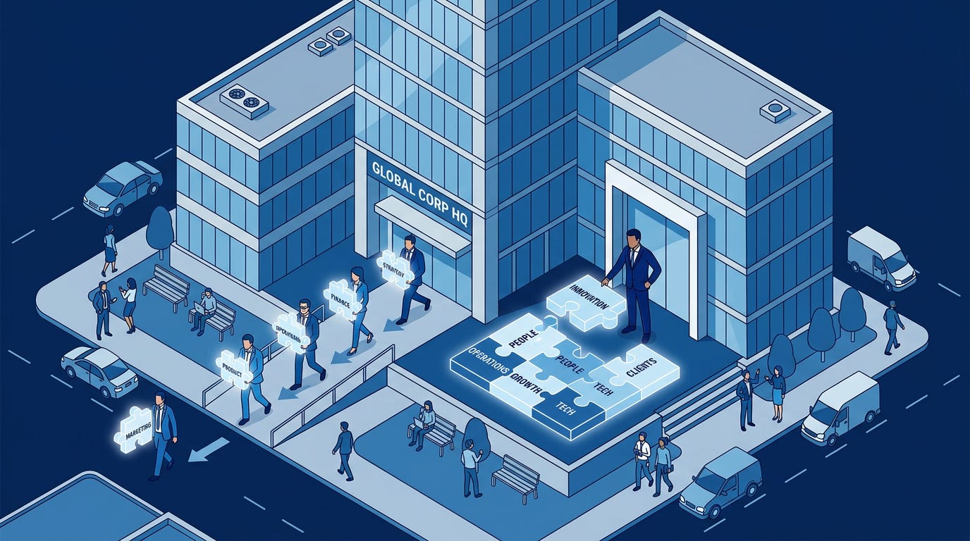 Flat isometric illustration of a large corporate headquarters with several key executives carrying glowing puzzle pieces out of the building while a new leader stands at the entrance reorganizing the remaining pieces, dark background, clean vector art style, blue and white color palette, modern business editorial aesthetic Flat isometric illustration of a large corporate headquarters with several key executives carrying glowing puzzle pieces out of the building while a new leader stands at the entrance reorganizing the remaining pieces, dark background, clean vector art style, blue and white color palette, modern business editorial aesthetic
