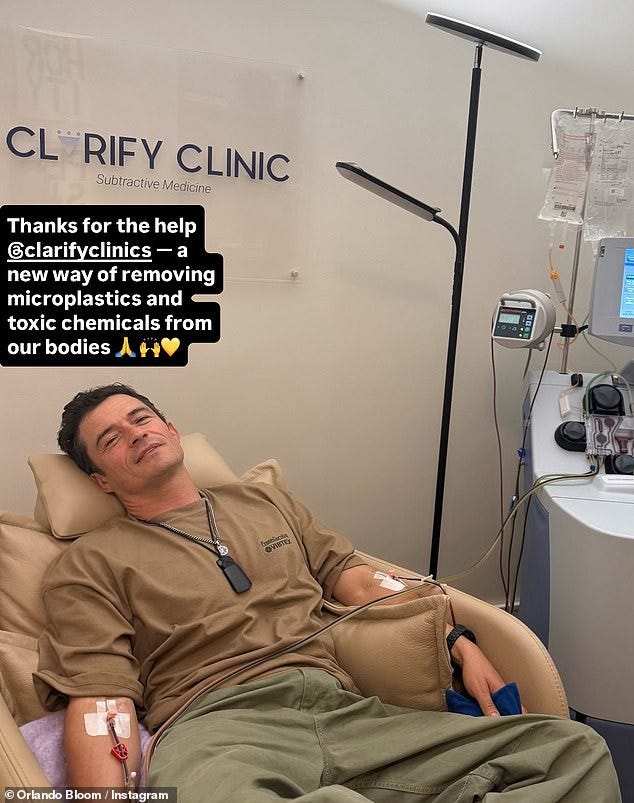 Orlando Bloom, 48, underwent a £10k treatment to remove microplastics and toxic chemicals from his blood at Clarify Clinic on Monday Orlando Bloom, 48, underwent a £10k treatment to remove microplastics and toxic chemicals from his blood at Clarify Clinic on Monday
