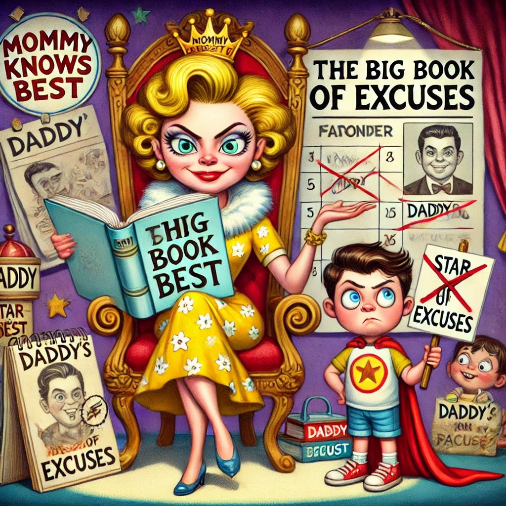 A humorous cartoon-style illustration featuring a narcissistic mother sitting on a throne labeled 'Mommy Knows Best' while holding a giant book titled 'The Big Book of Excuses.' The child stands nearby holding a picture of their father, looking puzzled and skeptical. In the background, whimsical details like a crown labeled 'Star of the Show,' a calendar with Daddy’s name crossed out, and a superhero cape draped over a chair add to the playful and satirical tone. The mother looks overly dramatic and self-important, while the child’s expression conveys curiosity and doubt. The tone is light-hearted and silly, mocking the mother’s exaggerated behavior.