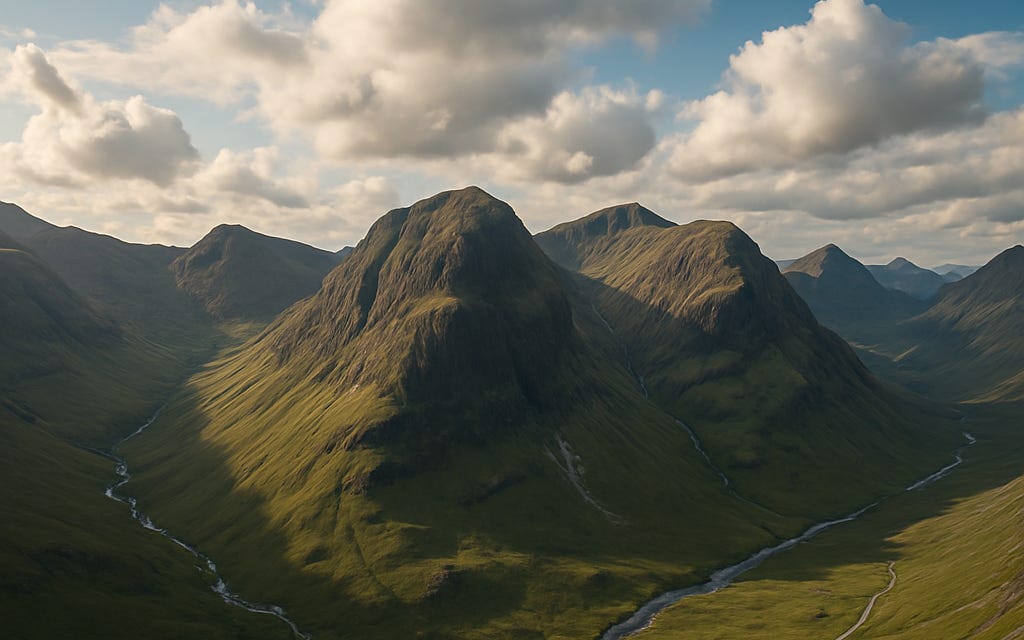 Photo-realistic aerial view of Glencoe showing steep, rugged mountains and deep valleys bathed in soft sunlight. A winding road threads through the glen far below, with cloud shadows drifting over the slopes and ridgelines, capturing the dramatic scale and remote beauty of the Highlands.