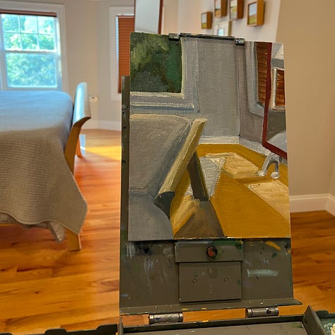 A collection of painted images, either outdoor or within rooms of a house.