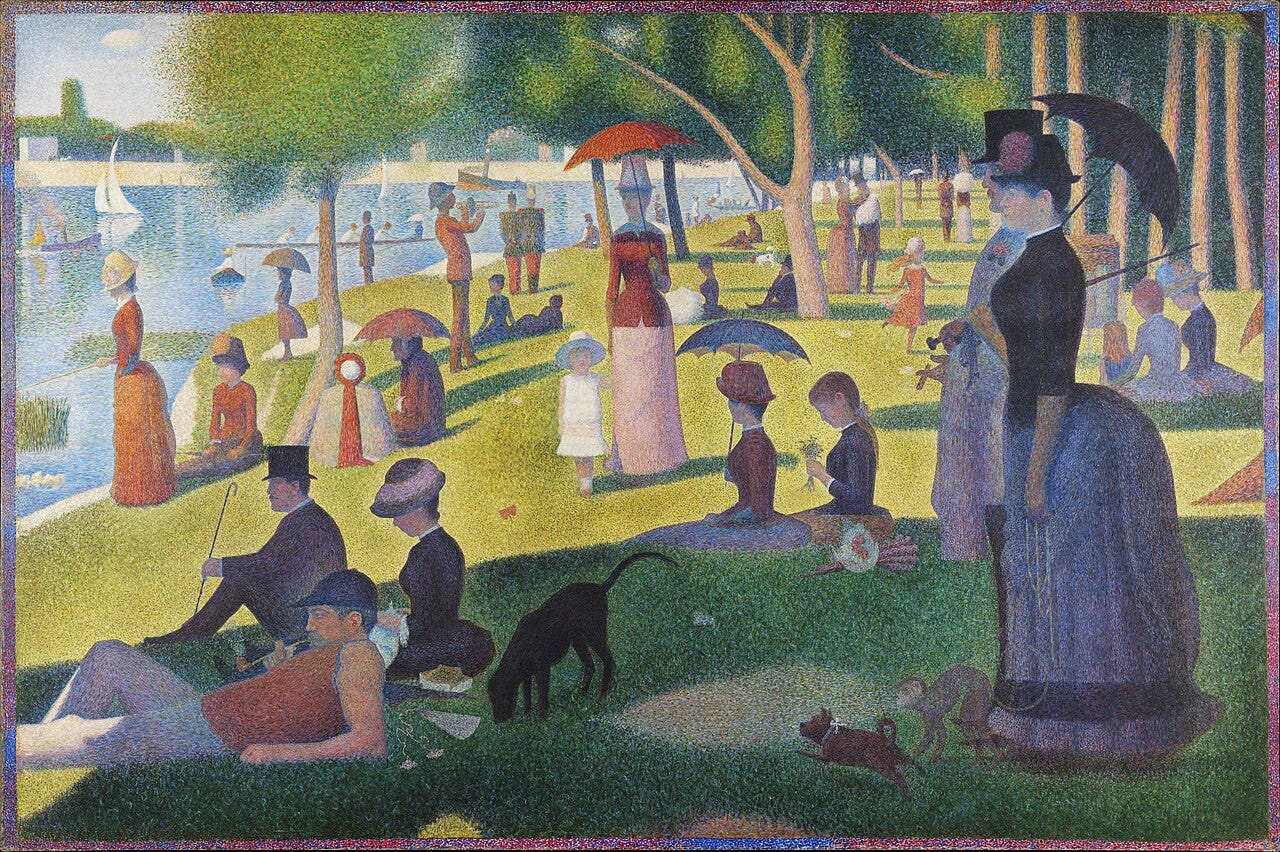 Seurat pointillist painting of Parisians on a riverbank island Seurat pointillist painting of Parisians on a riverbank island