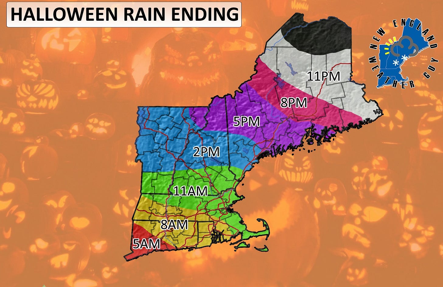 May be an image of map and text that says 'HALLOWEEN RAIN ENDING E 4 11PM 8PM 5PM 2PM 11AM F8AM 5AM'