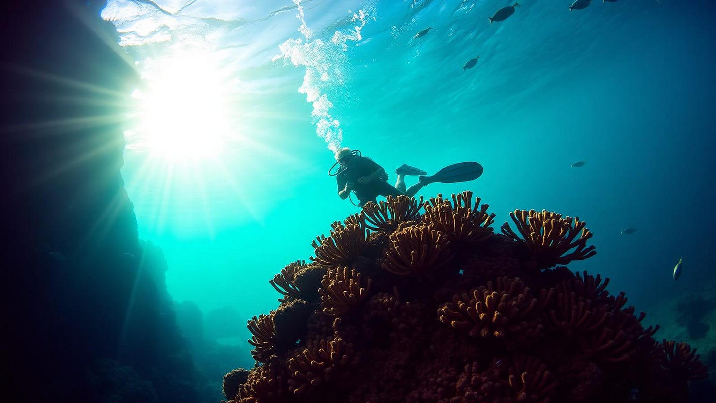 Scuba diver silhouetted against sun rays piercing turquoise water above a coral reef