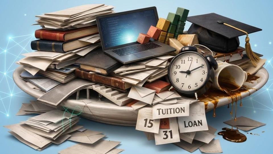 A dinner plate is piled high with books, loose papers, a laptop, stacked textbooks, an alarm clock, and a graduation cap, with papers spilling over the edges. Coffee drips from an overturned mug, and hanging notes reading “TUITION” and “LOAN” reinforce the image’s focus on financial pressure and academic burden. The crowded composition turns a plate into a metaphor for higher education as overwhelming, time-pressured, and overloaded.
