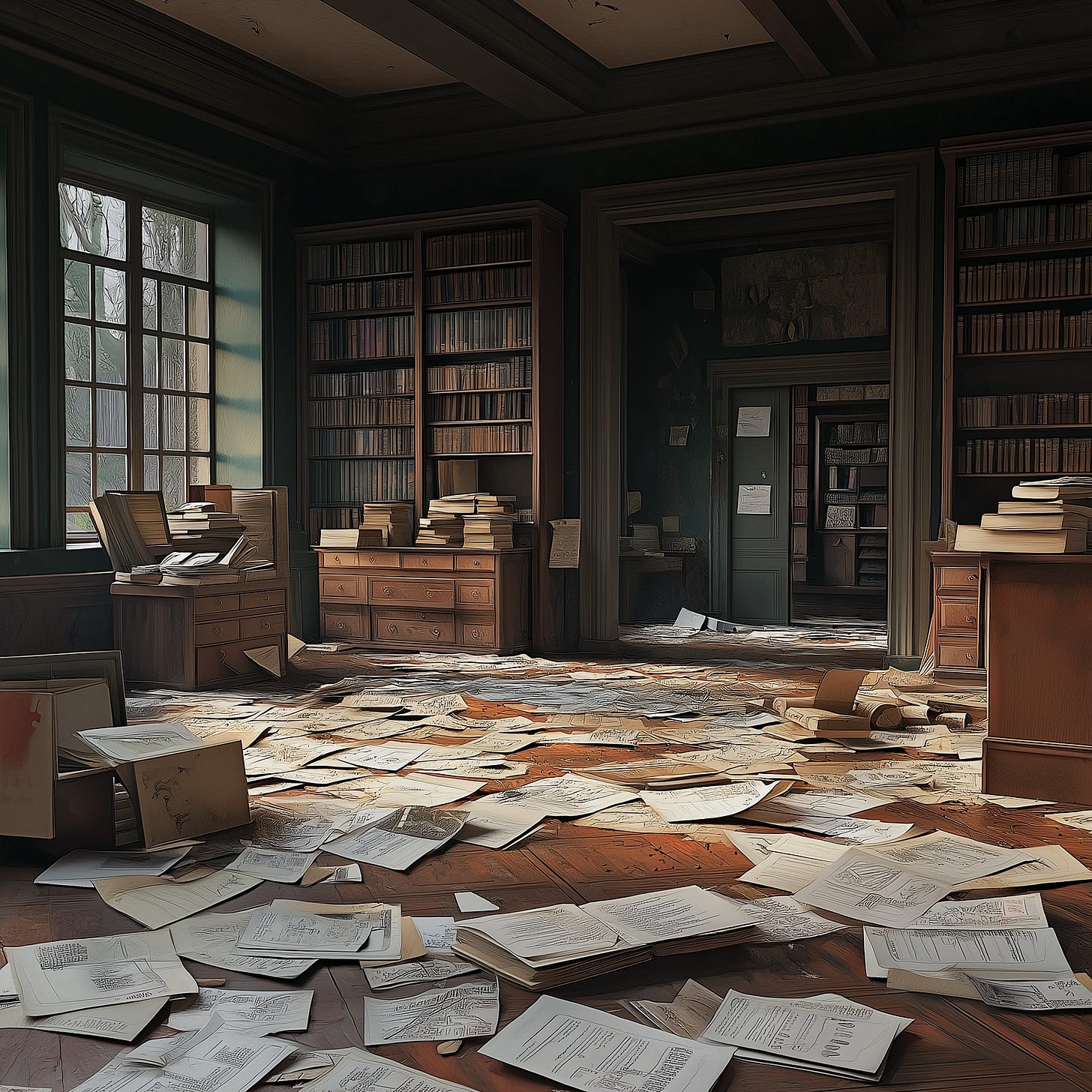 Image of a room with papers and books generated by Midjourney
